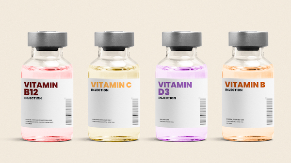 Vitamin injection glass bottles on beige background